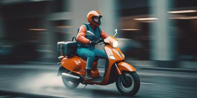 Delivery man ride scooter motorcycle with motion blur cityscape background. photo