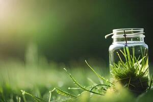 Glass jar containing plant seeds placed on the ground. photo