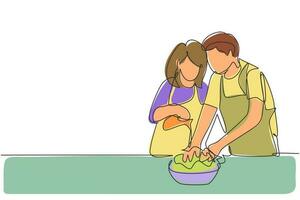 Single continuous line drawing beautiful young wife helping her husband make dough by adding olive oil. Pastry preparation in cozy kitchen at home. One line draw graphic design vector illustration