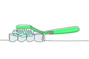 Single one line drawing toothbrush being used to brush teeth. Healthy activity in morning for family members. Oral and dental health concept. Continuous line draw design graphic vector illustration
