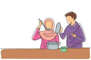 Continuous one line drawing Arabian husband holding pan lid and his beautiful wife tasting food using cooking spoon. Cooking together in kitchen. Single line draw design vector graphic illustration