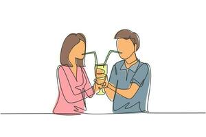 Single continuous line drawing young couple drinking using straws and big glasses together. Celebrate anniversaries and enjoy romantic dinner. Dynamic one line draw graphic design vector illustration