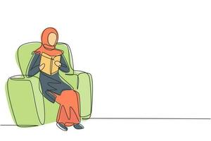 Single continuous line drawing young Arabian female reading, learning and sitting on sofa. Literature lovers. Smart student, education concept. Dynamic one line draw graphic design vector illustration