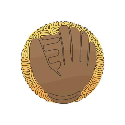 Continuous one line drawing baseball leather glove for championship promotion. Baseball tournament. Team sport league banner. Swirl curl circle background style. Single line draw design vector graphic