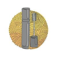 Single one line drawing black mascara bottle. Brush and mascara tube. Fashionable cosmetics makeup design for eyes. Swirl curl circle background style. Continuous line draw design graphic vector