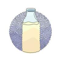 Continuous one line drawing closed glass bottle of natural milk. Bottle of fresh milk cow. Dairy product used in breakfast. Swirl curl circle background style. Single line draw design vector graphic