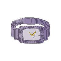 Reloj de mujer con dibujo de una sola línea continua, color oro y blanco, con diamantes y pedrería, brazalete dorado. reloj de lujo estilo de rizo de remolino. Ilustración de vector de diseño gráfico de dibujo de una línea dinámica