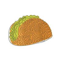 Continuous one line drawing tacos traditional Mexican fast food with tortilla, meat, vegetables, lettuce, cheese, tomato, sauce. Swirl curl style. Single line draw design vector graphic illustration