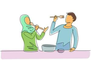 Single one line drawing romantic Arabian couple singing while cooking together, using spoon and fork as microphones. Kitchen fun concept. Modern continuous line draw design graphic vector illustration