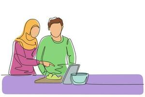 Single continuous line drawing romantic Arab couple cooking together while watching tutorial from tablet. Learn to cook with modern technology. Dynamic one line draw graphic design vector illustration