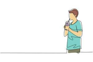 Continuous one line drawing side view of young adult man using straw and drinking smoothie juice from plastic cup. Make him refreshing in summer. Single line draw design vector graphic illustration