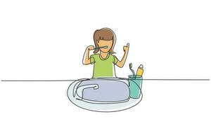 Continuous one line drawing girl brushing her teeth with thumbs up gesture. Routine habits for cleanliness, health, freshness of mouth and teeth. Single line draw design vector graphic illustration