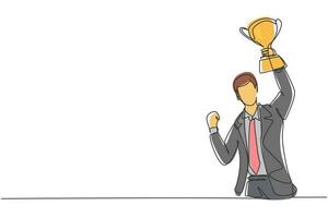 Single continuous line drawing young businessman holding golden trophy in one hand. Symbol of achievement and successful business performance. Dynamic one line draw graphic design vector illustration