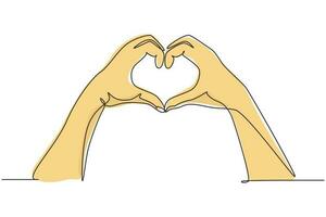Single one line drawing hands making sign or symbol heart by fingers. Beautiful hands with copy space. Love concept with hand gestures. Modern continuous line draw design graphic vector illustration