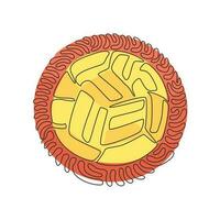 Single one line drawing Sepak Takraw ball or rattan ball. Scissor kick. Concept of team sport, Asian sport game, spirit. Swirl curl circle background style. Modern continuous line draw design graphic vector