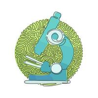 Continuous one line drawing microscope icon. Virus medical research test. Hospital professional lab. Chemical laboratory. Swirl curl circle background style. Single line draw design vector graphic