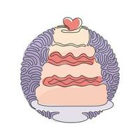 Single continuous line drawing wedding cake with love shape on top. Sweet cake for celebrate marriage party. Swirl curl circle background style. One line draw graphic design vector illustration