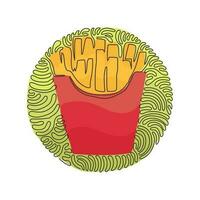 Continuous one line drawing French fries in paper box package, isolated. Fried potato. Fast food retro artwork. Swirl curl circle background style. Single line draw design vector graphic illustration