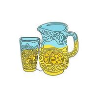 Single continuous line drawing lemonade in jug and glass. Glass and pitcher with lemons and ice cubes. Freshness cold drink. Swirl curl style. Dynamic one line draw graphic design vector illustration