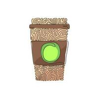 Single one line drawing hot coffee paper cup. Cold chocolate milk to crave for refreshing feeling. Swirl curl circle background style. Modern continuous line draw design graphic vector illustration