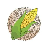 Single one line drawing husked cobs of sweet corn. Fresh vegetable with high sugar. Immature harvested. Swirl curl circle background style. Continuous line draw design graphic vector illustration