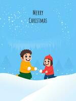 Merry Christmas Template Design With Cheerful Kids Playing From Snow Balls On Blue Snowfall Background. vector