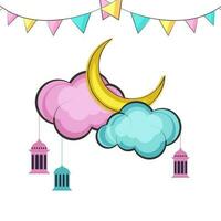 Flat Crescent Moon With Clouds, Lanterns Hang And Bunting Flag Decorated Background For Muslim Community Holy Month, Ramadan Kareem. vector