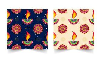 Indian Oil Lamp And Floral Pattern Decorated Background In Two Color Option. vector