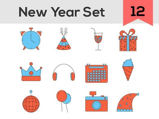 Flat Style New Year Icon Set In Orange And Blue Color.