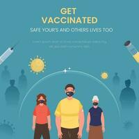 obtener vacunación póster diseño con dibujos animados personas vestir protector mascaras en azul antecedentes. vector