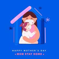 Cartoon Woman With Her Daughter Wear Protective Mask At Home To Prevent From Coronavirus. vector