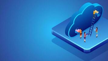 Cloud Storage concept based banner design, illustration of people maintains cloud data server on blue background. vector