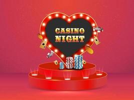 casino noche texto terminado marquesina corazón marco con dorado monedas, as tarjetas, póker papas fritas en 3d podio o escenario. vector