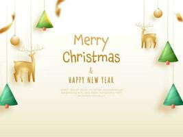 Golden Merry Christmas And Happy New Year Text With 3D Reindeer, Xmas Tree, Baubles Hang Decorated Background. vector