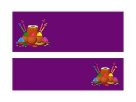 Website Header Or Banner Set With Bowls, Mud Pots Full Of Powder, Color Guns, Dhol Instrument On Purple Background. vector