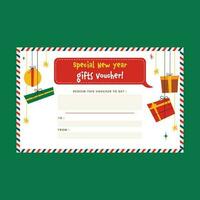 New Year Gift Voucher Design Decorated With Gift Boxes Hang On White Background. vector