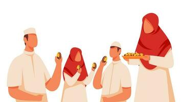 Illustration Of Muslim Family Celebrating Festival With Sweets On White Background. vector