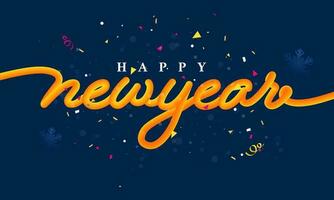 Happy New Year Font With Confetti And Snowflakes On Blue Background. vector