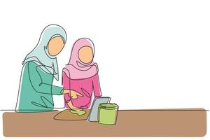 Single continuous line drawing Arabian mother and daughter cooking together while watching tutorial from tablet. Learn to cook with technology. Dynamic one line draw graphic design vector illustration