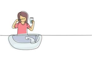 Single continuous line drawing girl brushing her teeth in sink. Routine habits every morning for cleanliness, health, and freshness of mouth and teeth. One line draw graphic design vector illustration