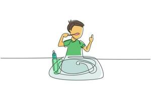 Single continuous line drawing boy brushing his teeth with thumbs up gesture. Routine habits for cleanliness, health, freshness of mouth and teeth. One line draw graphic design vector illustration