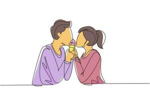 Single continuous line drawing young beautiful couple sharing ice cream cone. Celebrate anniversaries and enjoy romantic lunch at restaurant. Dynamic one line draw graphic design vector illustration