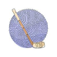 Single one line drawing ice hockey stick. Hockey puck stick, sport ice, game equipment, goal competition, leisure and activity. Swirl curl circle background style. Continuous line draw design vector