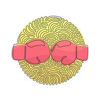 guantes de boxeo de dibujo de una sola línea continua golpeando juntos. lucha de guantes de boxeo. guantes de boxeo rojos y azules que están peleando. estilo de fondo de círculo de rizo de remolino. vector de diseño gráfico de una línea