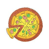 pizza de dibujo de una sola línea continua con tomate, queso, aceituna, salchicha, cebolla, albahaca. comida rápida italiana tradicional. estilo de fondo de círculo de rizo de remolino. vector de diseño gráfico de dibujo dinámico de una línea