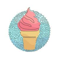 Continuous one line drawing delicious ice creams in crispy waffles cup. Tasty sweet ice-cream tastes. Cold summer desserts. Swirl curl circle background style. Single line draw design vector graphic