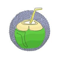 Continuous one line drawing green coconut water drink with drinking straw. Summer dessert food and drink menu. Swirl curl circle background style. Single line draw design vector graphic illustration