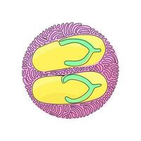 Continuous one line drawing flip flops icon. Cute and colorful summer flip flops for beach holiday designs. Swirl curl circle background style. Single line draw design vector graphic illustration