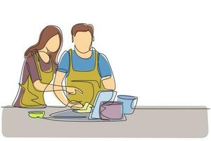 Single one line drawing happy romantic couple cooking together while watching tutorial from tablet. Learn to cook with modern technology. Modern continuous line draw design graphic vector illustration