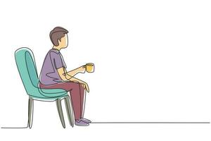 Single continuous line drawing young handsome boy sitting in modern chair, enjoying coffee in front of window at cozy home, side view concept. Dynamic one line draw graphic design vector illustration